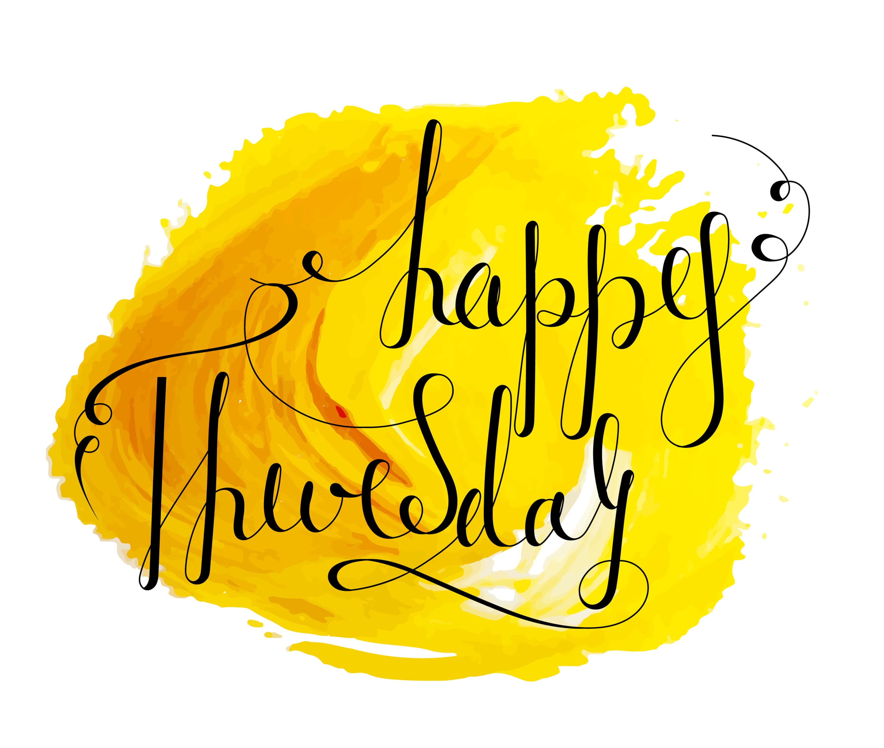 Artistic calligraphy of 'Happy Thursday' with yellow watercolor background.