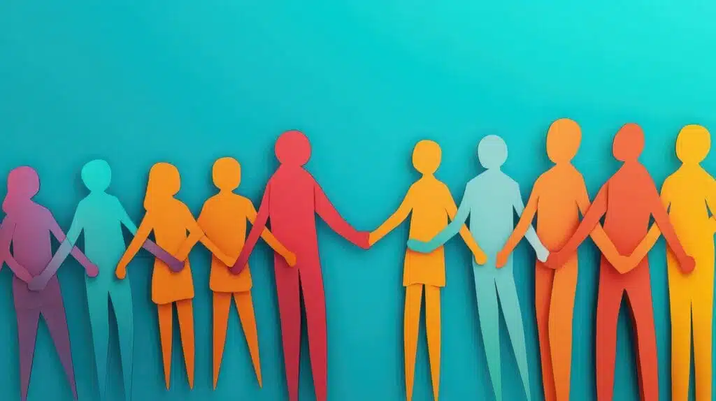 Colorful paper cutouts of people holding hands in a row.