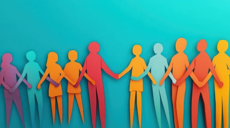 Colorful paper cutouts of people holding hands in a row.