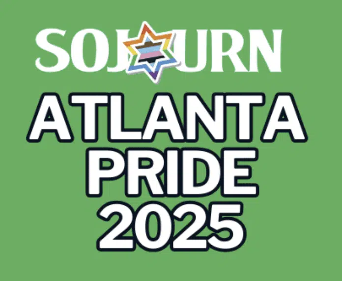 Logo for Sojourn Atlanta Pride 2025 on green background.