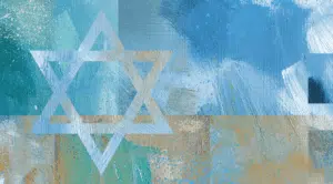 A Star of David symbol against a textured blue and gold abstract background.