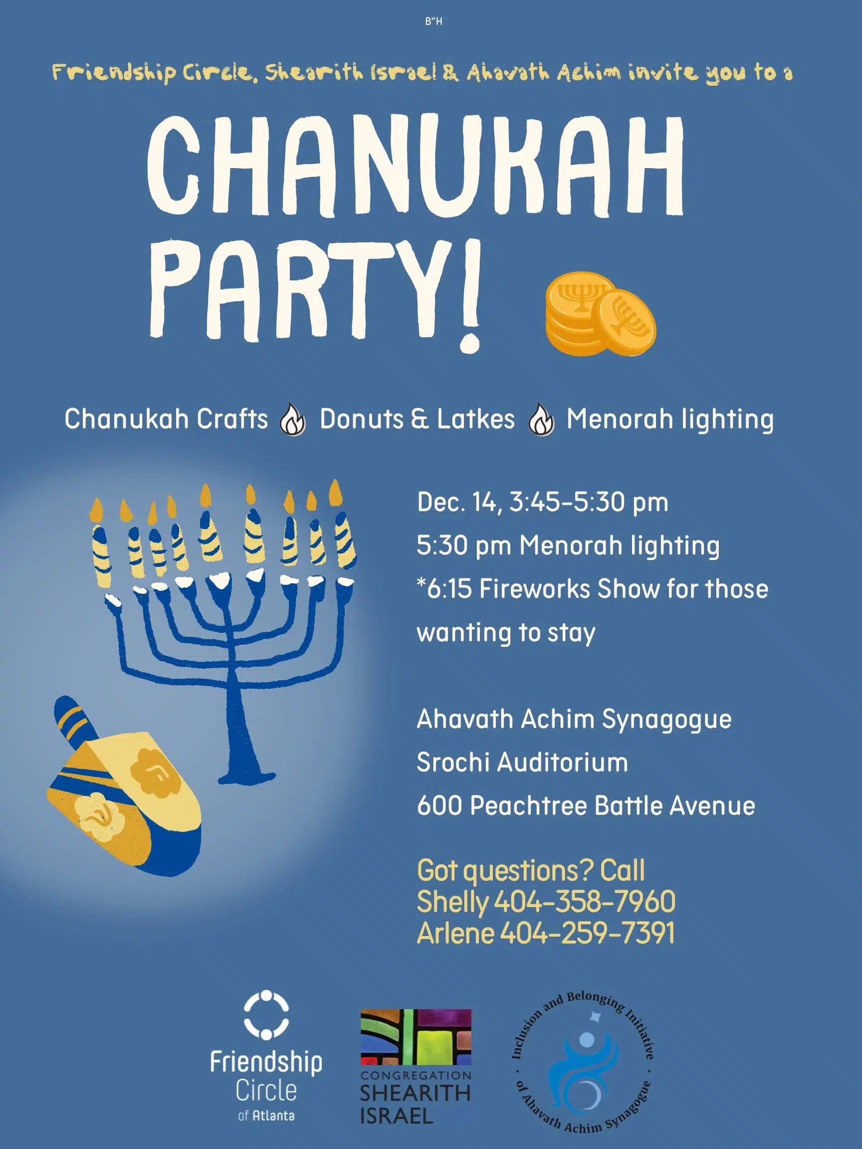 Invitation flyer for a Chanukah party with menorah and dreidels graphics.