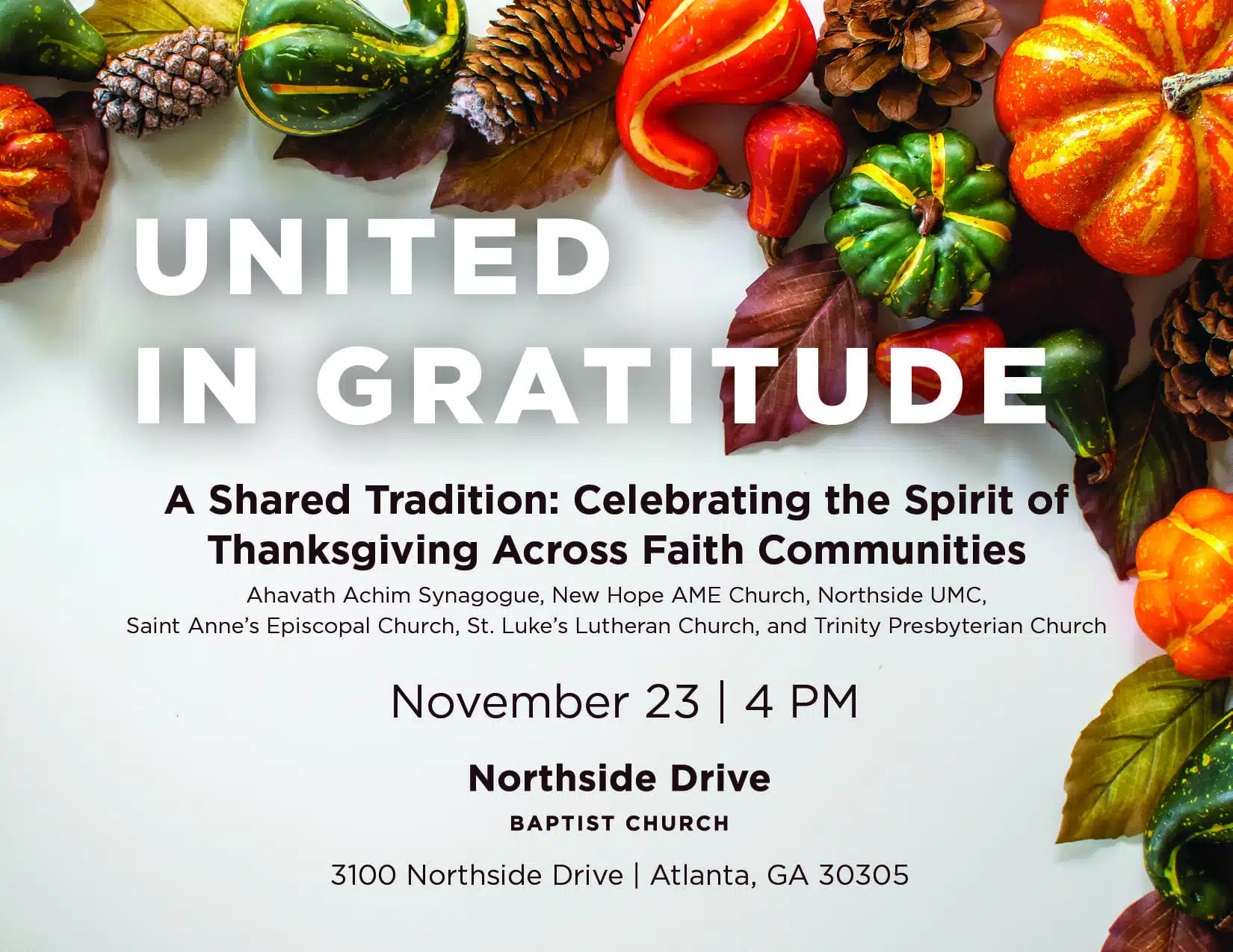 Flyer for a Thanksgiving event titled 'United in Gratitude' with autumn-themed visuals.